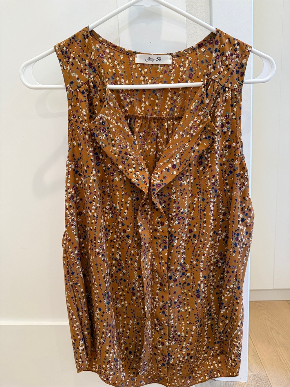 Modcloth Mustard Floral Ruffle V-Neck Sleeveless Camisole